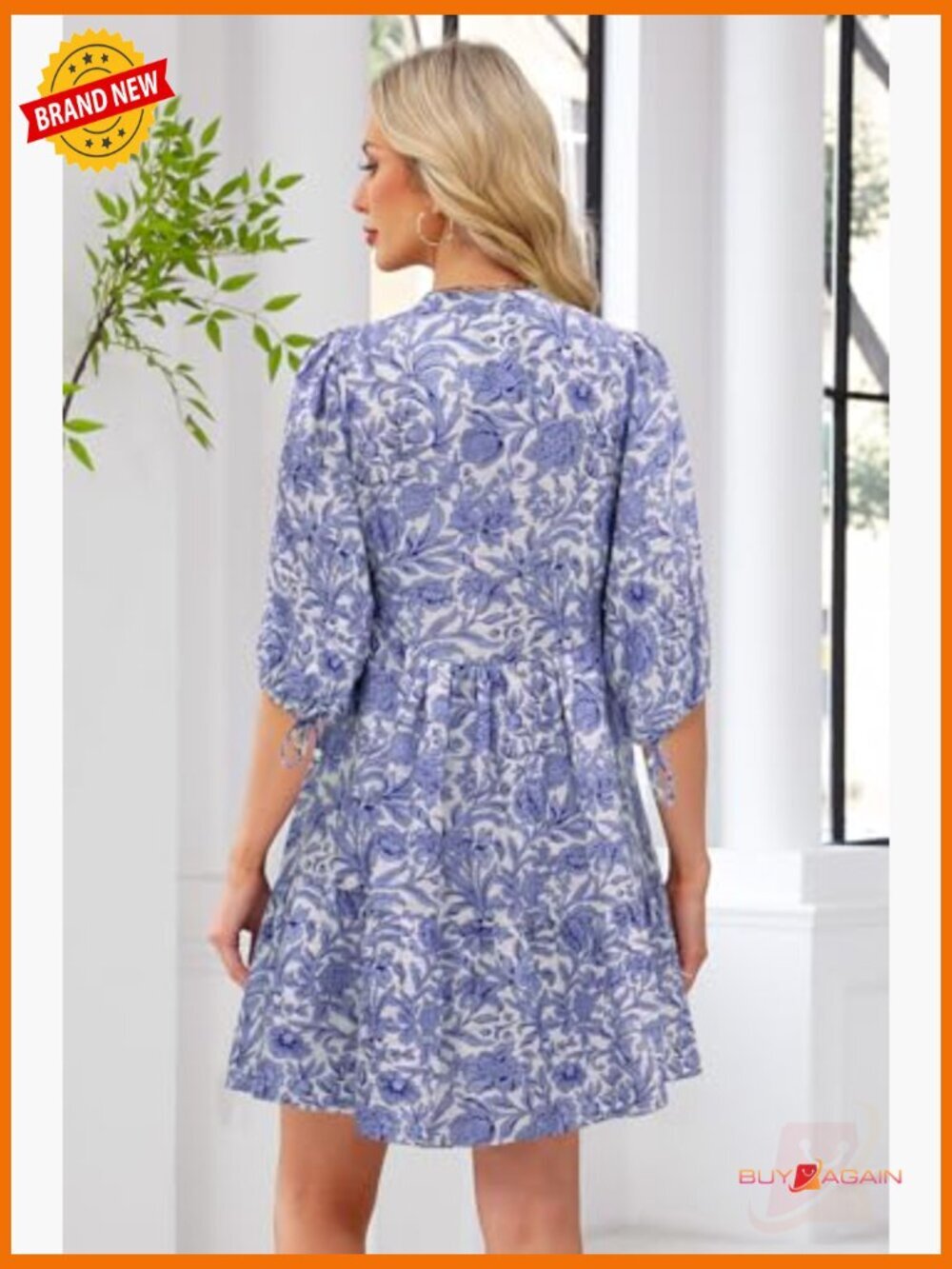 Floral Boho Shift Dress Casual V Neck Puff Sleeve Flowy Mini Dress - Picture 4 of 7